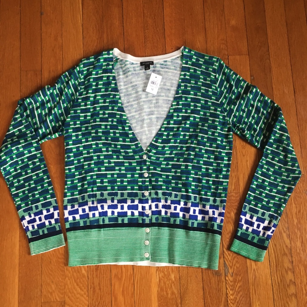 Ann Taylor Green & Blue Stripe V neck Cardigan Med